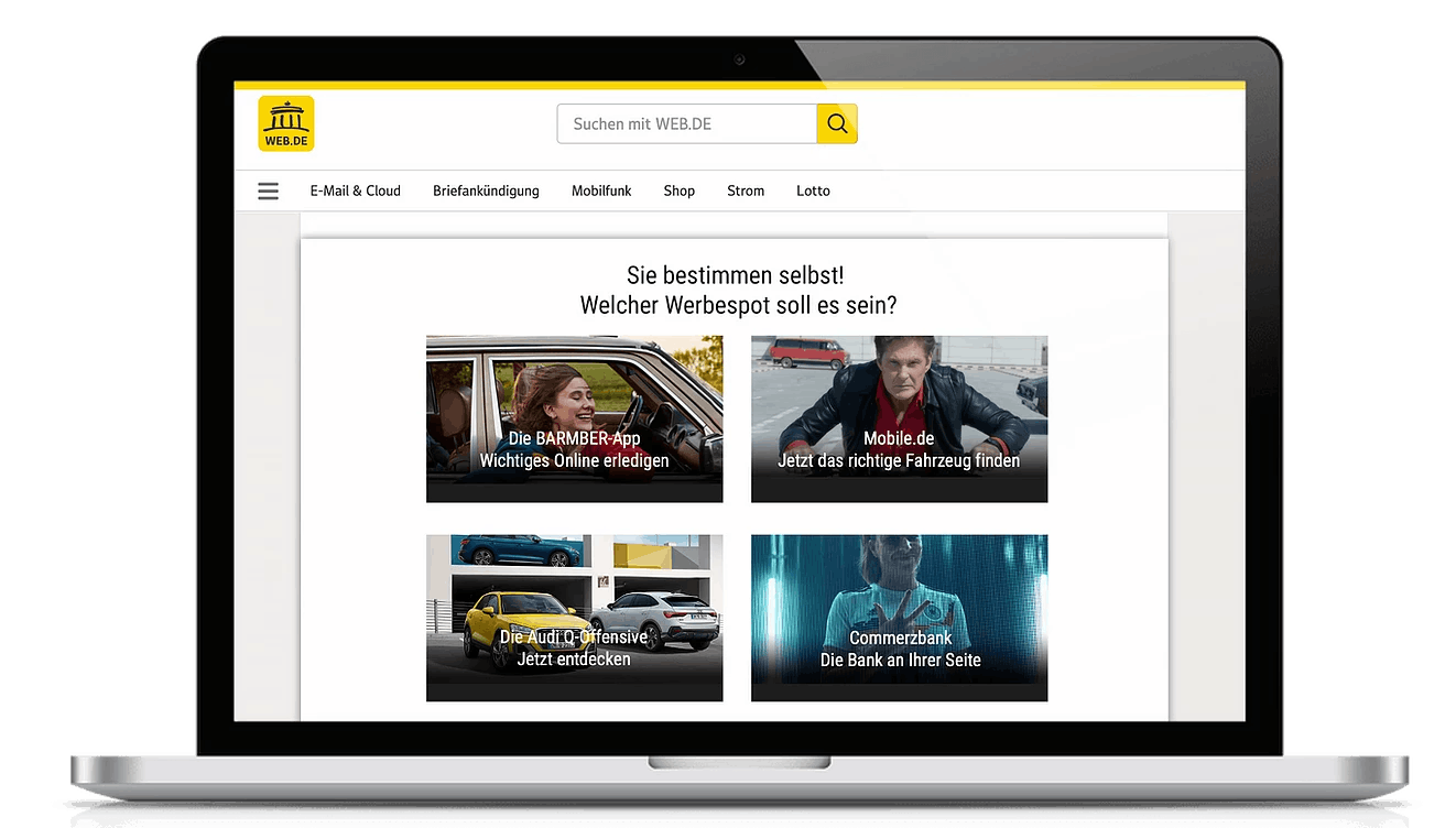 Web.de Homepage, wo einem die Chance geboten wird, auszusuchen, welchen der vier Werbespots man anschauen möchte.