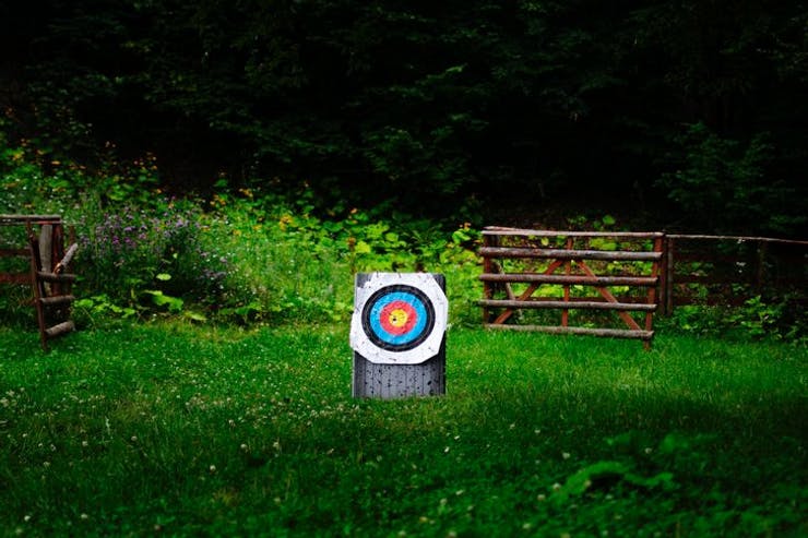 Eine Dartscheibe ist zu sehen, welche in einem Park aufgestellt ist