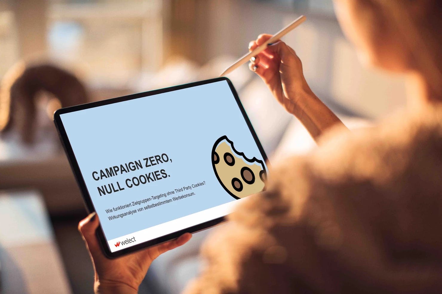 Tablet, wo eine Seite offen ist, Headline: "Campaign Zero, Null Cookies".